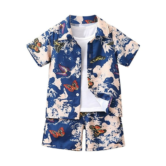 Zshosam Toddler Boy Summer Outfits Sets Little & Big Boys Button Down Shirts and Short Sets Summer Outfits Printed Kids Set Size 6T 7T,(Dark Blue 6-7 Years)