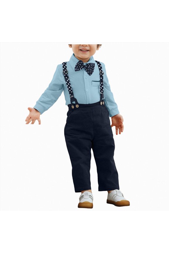 Toddler Gentleman Outfit Baby Boys Suits Infant Gentleman Formal Wedding Suspenders Outfit with Bowtie Size 12 18 Months,(Blue 12-18 Months)
