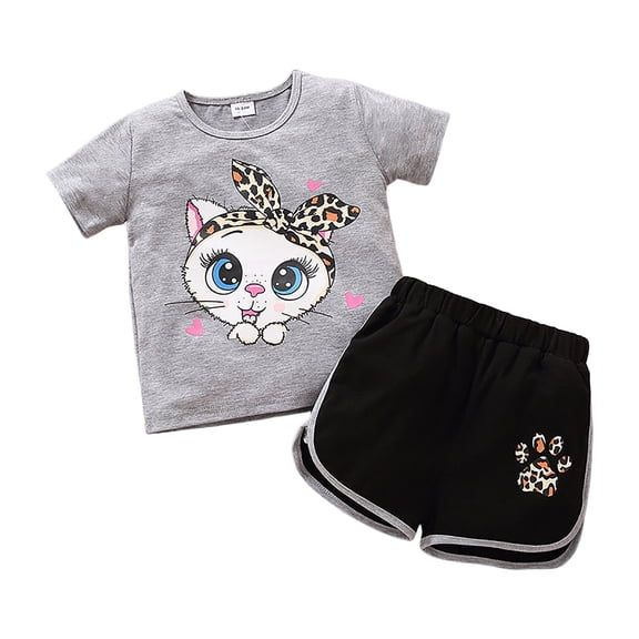 Zshosam Toddler Girl Clothes Sets Toddler Girl Clothes Summer Outfits Cute Baby Short Sleeve T-shirt Shorts Printed Size 3T 4T,(Grey 3-4 Years)
