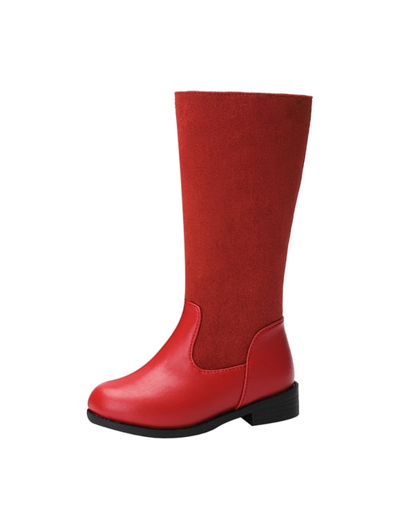 Toddler Girls Boots Girls Knee High Boots Winter Lace up Zipper Mid Calf Boots Leather Goth Sole Boot Fashion Dress Shoes Size 11.5,(Red Little Kids 11.5)