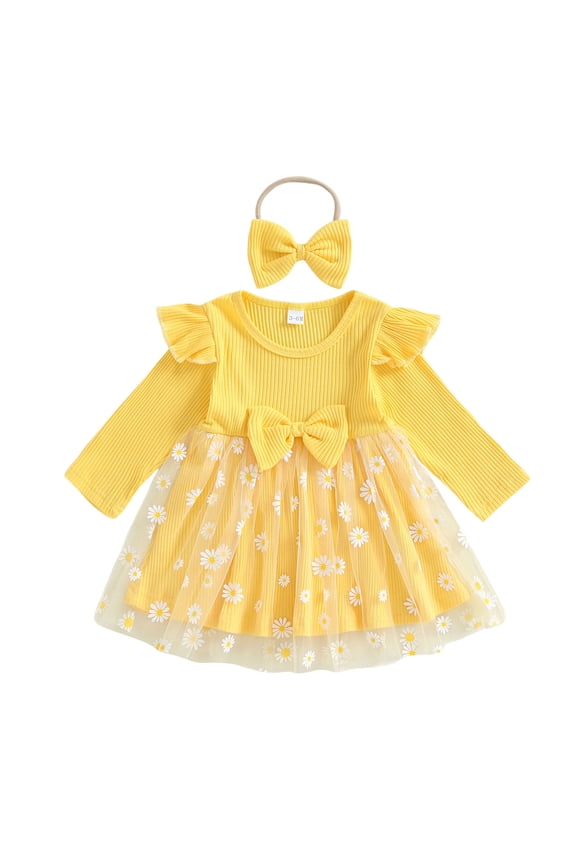 Toddler Girls Long Sleeve Dress Girls' Dresses Long Sleeve Toddler and Little Kids Dress Size 2T 3T,(Yellow 2-3 Years)