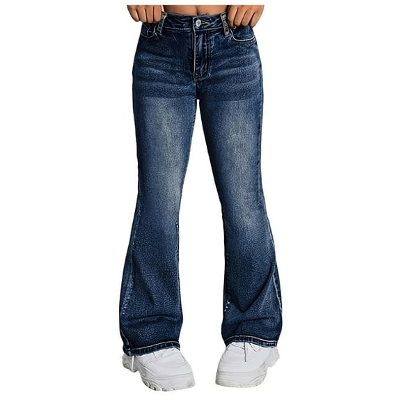 Zshosam Toddler Jeans Girls Cute Wide Leg Flared Jeans Kids Elastic Waist Pants with Pockets Size 11T 12T,(Blue 11-12 Years)