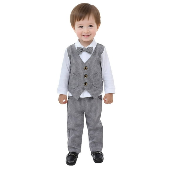 Zshosam Toddler Suits for Weddings Baby Boys Formal Suit Set Long Sleeve with Bowtie Suspender Pants Outfits Clothes Size 2T 3T,(Grey 2-3 Years)