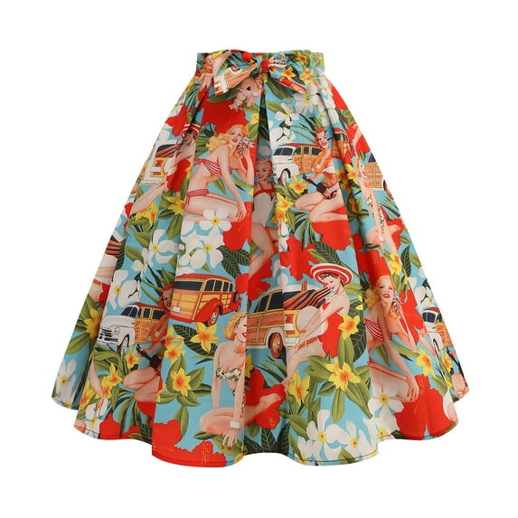 Zshosam Vintage Pleated Skirt Floral Skater Printed Midi Skirts with Pockets(Blue,L)