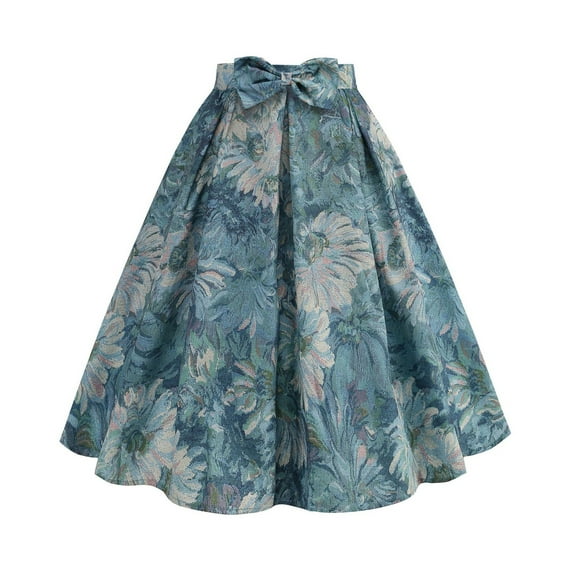 Zshosam Vintage Pleated Skirt Floral Skater Printed Midi Skirts with Pockets(Blue,L)