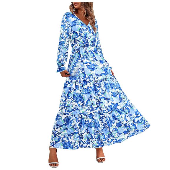 Zshosam Women's 2024 Fall Dresses Elegant Wedding Guest Dress Long Sleeve Floral Dress Flowy Long Dress(Blue,S)