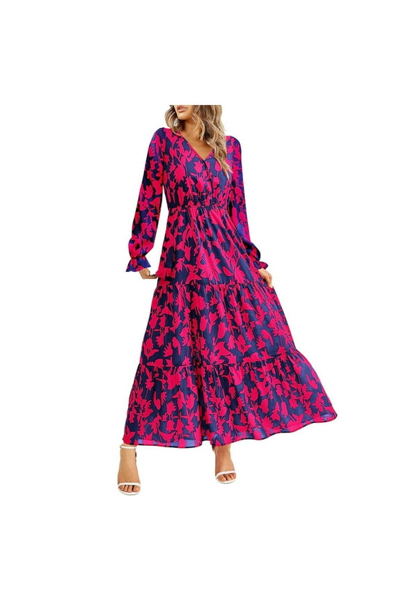 Women's 2024 Fall Dresses Elegant Wedding Guest Dress Long Sleeve Floral Dress Flowy Long Dress(Hot Pink,M)