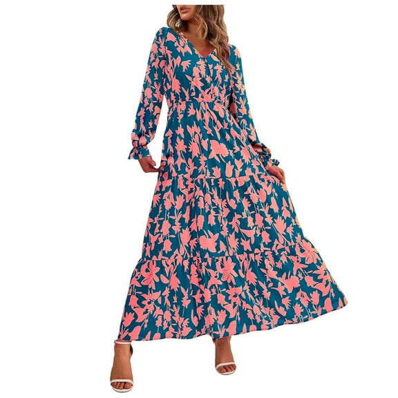 Zshosam Women's 2024 Fall Dresses Elegant Wedding Guest Dress Long Sleeve Floral Dress Flowy Long Dress(Orange,S)