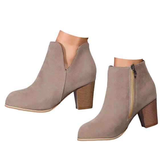 Zshosam Women's Ankle Boots Slip on Cutout Pointed Toe Stacked Mid Heel Booties(Khaki,37)