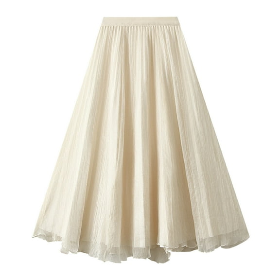 Zshosam Women's Chiffon Elastic High Waist Pleated Skater Flared Maxi Skirts(Beige,One Size)