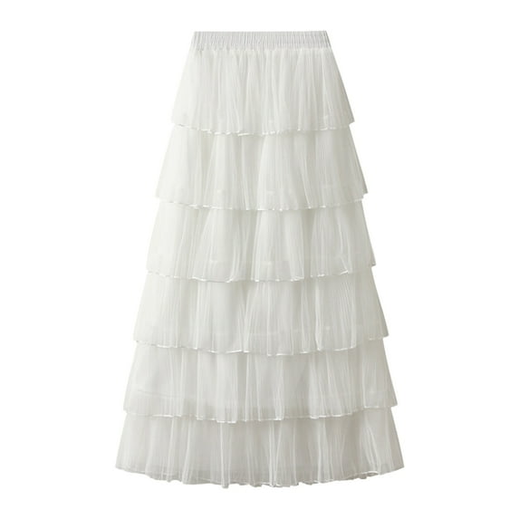 Zshosam Women's Long Tulle Skirts High Waisted Tiered Layered Midi Skirt Mesh Ruffle(White,One Size)