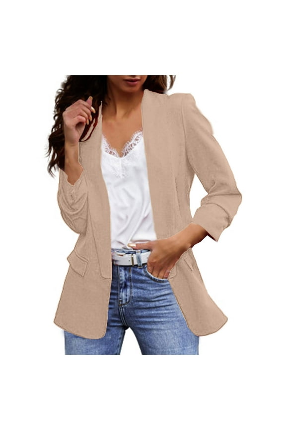Women's Relaxed Scuba Knit Stretch Blazer with Scrunch Sleeves(Beige,L)