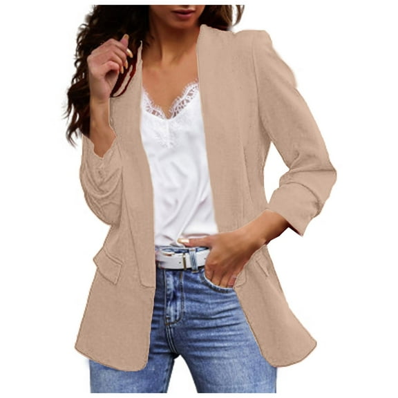 Zshosam Women's Relaxed Scuba Knit Stretch Blazer with Scrunch Sleeves(Beige,M)