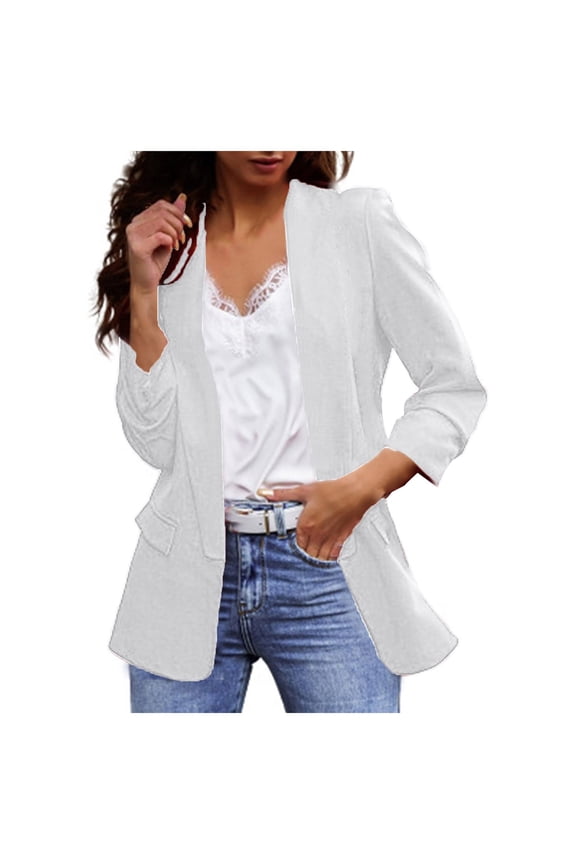 Women's Relaxed Scuba Knit Stretch Blazer with Scrunch Sleeves(White,L)