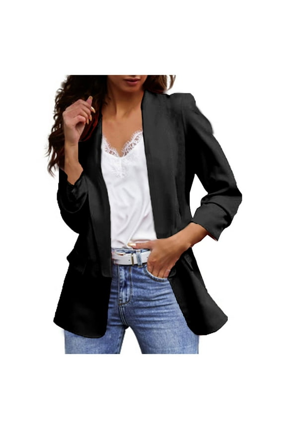 Women's Relaxed Scuba Knit Stretch Blazer with Scrunch Sleeves(Black,L)