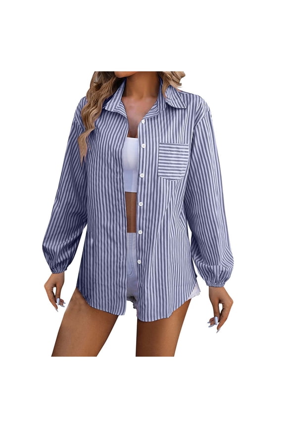 Womens Button Down Shirts Linen Striped Dress Shirt Long Sleeve Collared Office Work Blouses Herringbone Tops(Navy,S)