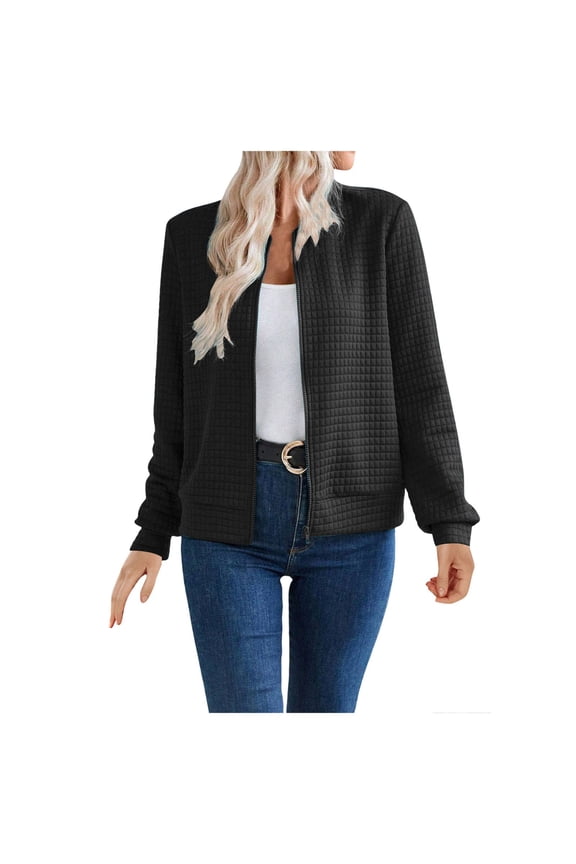 Womens Jackets Plus Size Long Sleeve Front Zip Casual Bomber Jacket with Pockets(Black,L)