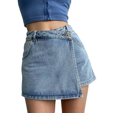 Zshosam Womens Jean Skirts Casual Wrap Button Asymmetrical Hem Summer Denim Mini Skirt(Blue,XXL)