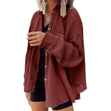 Zshosam Womens Knit Shacket Oversized Button Down Shirt Jacket Lightweight Long Sleeve Tops with Pockets(Red,L)