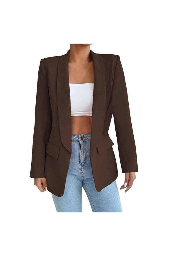 Womens Long Sleeve Blazers Casual Open Front Button Slim Work Blazer Jacket(Coffee,L)