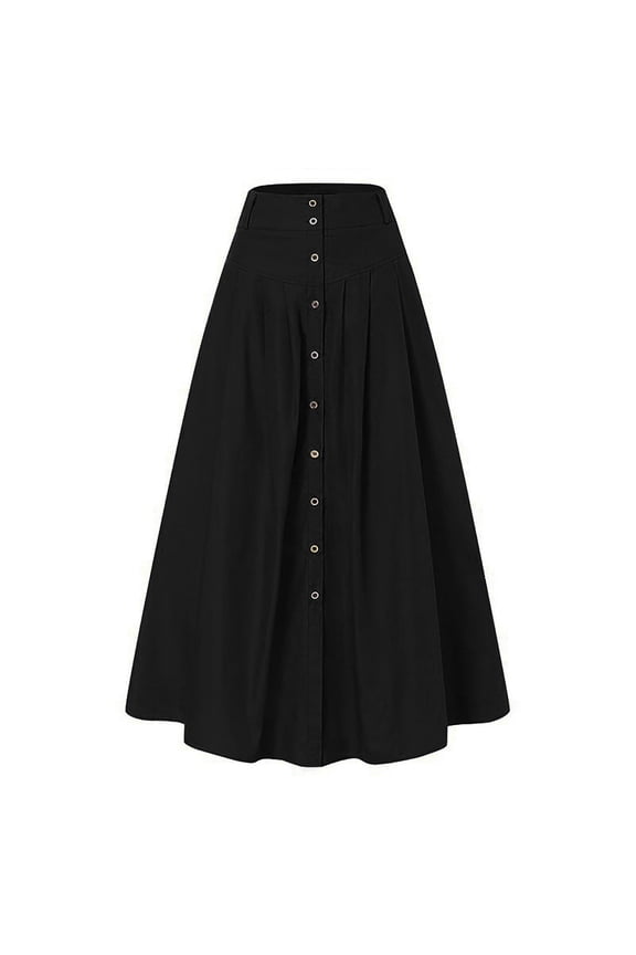 Womens Midi Skirt Vintage Button Down Swing High Waisted Slit Pleated Skirt(Black,XL)