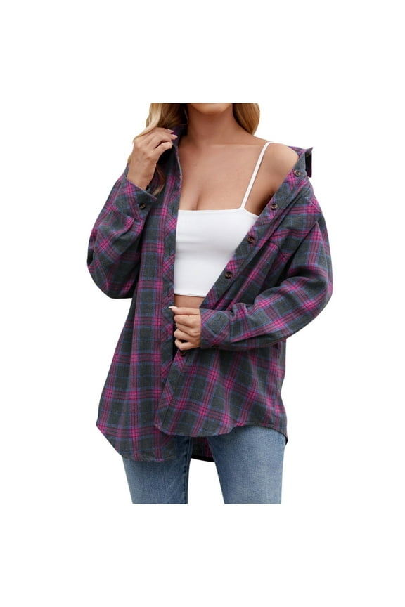 Womens Plus Size Flannel Plaid Shirts Roll Up Long Sleeve Casual Collared Button Down Shirt Loose Blouse Top(Purple,S)