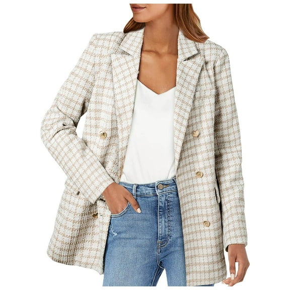 Zshosam Womens Tweed Blazers Casual Jackets Long Sleeve Double Open Front Plaid Blazer Jackets Work Suits(Beige,L)