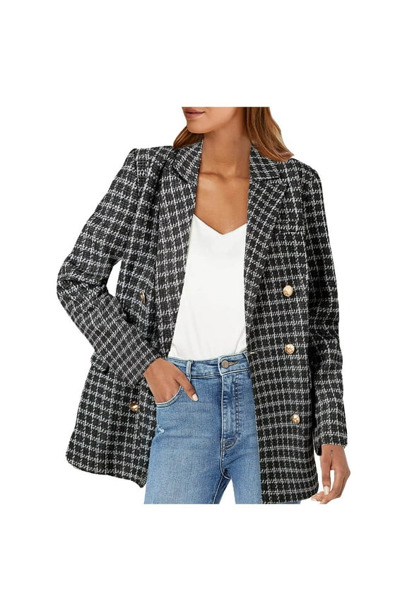 Womens Tweed Blazers Casual Jackets Long Sleeve Double Open Front Plaid Blazer Jackets Work Suits(Black,XXL)