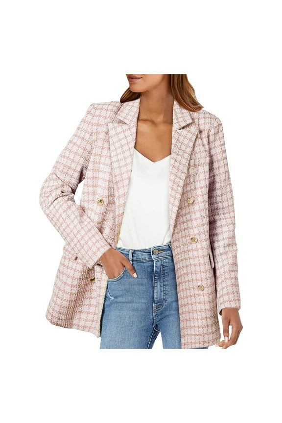 Womens Tweed Blazers Casual Jackets Long Sleeve Double Open Front Plaid Blazer Jackets Work Suits(Pink,XXL)