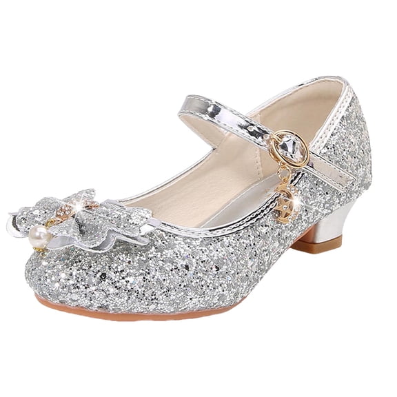 Zshosam girls shoes low heels pump Kids Dress Shoes Girls Glitter Mary Jane Low Heel Wedding Party Princess Dress Pumps Shoes Size 11,(Silver Little Kids 11)
