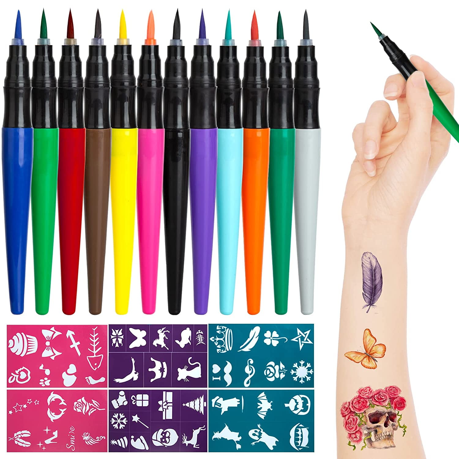 Zsiparty 12 Pcs Temporary Tattoo Markers, Colored Ink Face Paint Fine
