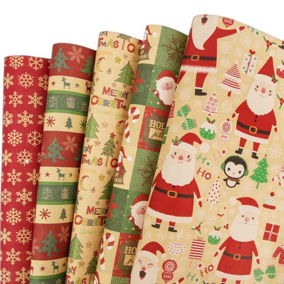 HiberyHom Christmas Wrapping Paper Rolls, 5 Rolls Gift Wrapping Supplies with Santa Claus, Snowflake, Christmas Tree Patterns Design, 17 x 120 inches