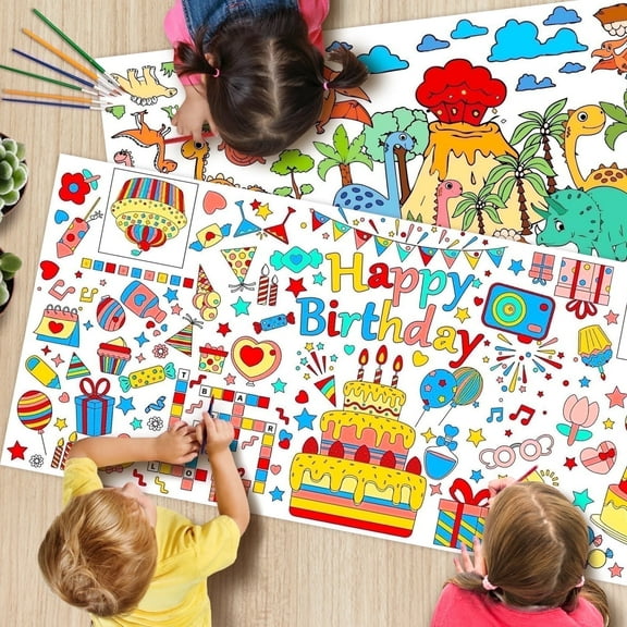 Zsiparty 2 Pack Happy Birthday Coloring Poster for Kids, 31 x 72 Inch Giant Coloring Paper Birthday Banner Table Cover Backdrop for kids, Birthday Party Decoration