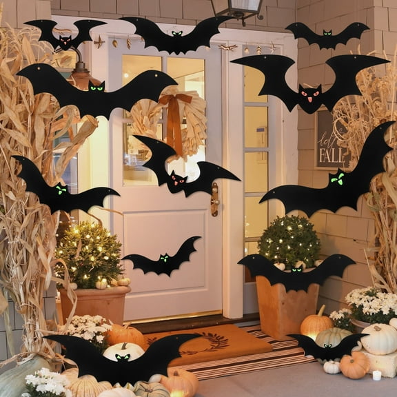 Zsiparty 24 Pack Hanging Bats Halloween Decorations Outdoor, Waterproof Black Plastic Bats 3 Different Sizes with Glowing Eyes Stickers, Bat Decorations Perfect for Halloween Hanging Tree Decor
