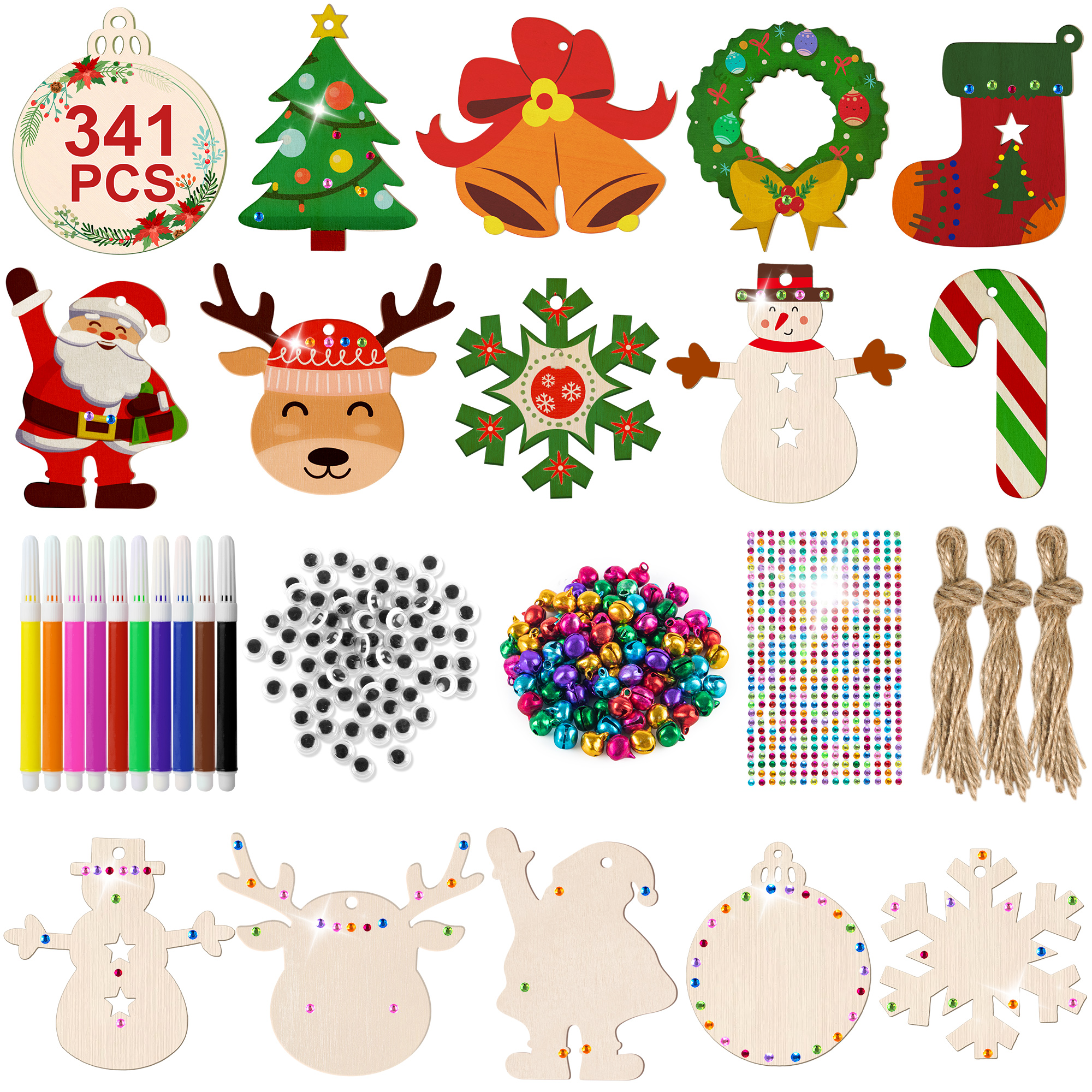 Zsiparty 341 Pcs Wooden Christmas Ornaments Unfinished, DIY Wooden