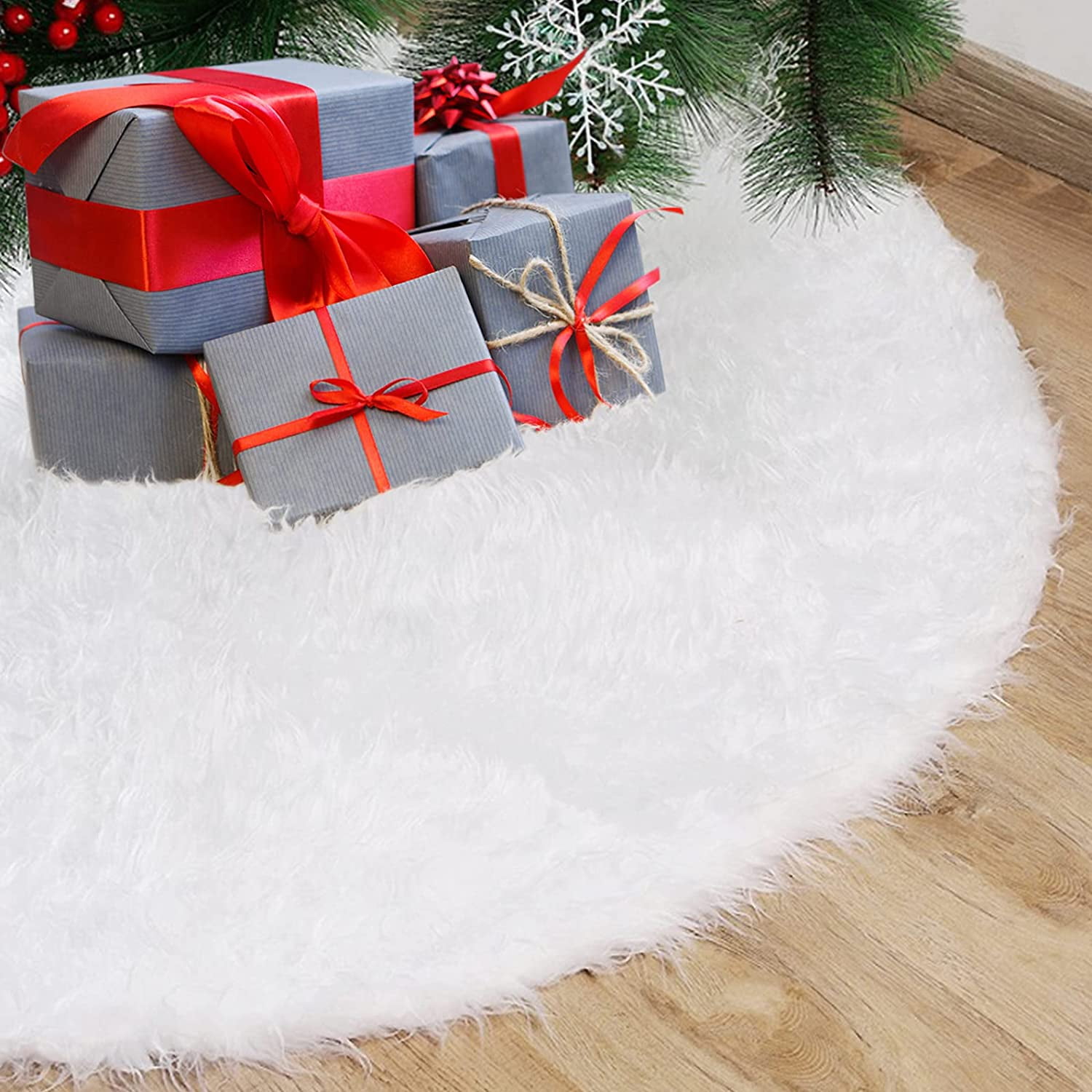 Zsiparty 36 inch White Soft Faux Fur Christmas Tree Skirts, White Tree