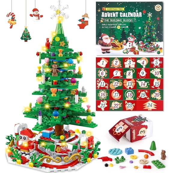 Zsiparty Advent Calendar 2026 Christmas Tree Building Blocks Set with LED Light, 24 Days Christmas Countdown Advent Calendar Gifts for Kids Teens Adult