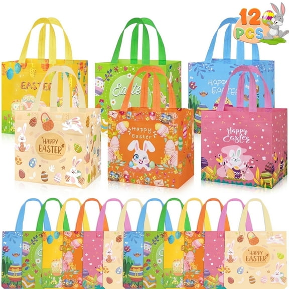 Zsiparty Easter Gift Bags, Easter Treat Bags with Handles Reusable Non-Woven Goodie Bags for Egg Hunt Party Supplies 12 Pcs Multi-color