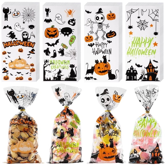 HiberyHom 200 Pcs Halloween Treat Bags, Clear Halloween Cellophane Gift Candy Bags with 220 Pcs Twist Ties for Halloween Party Favors Supplies