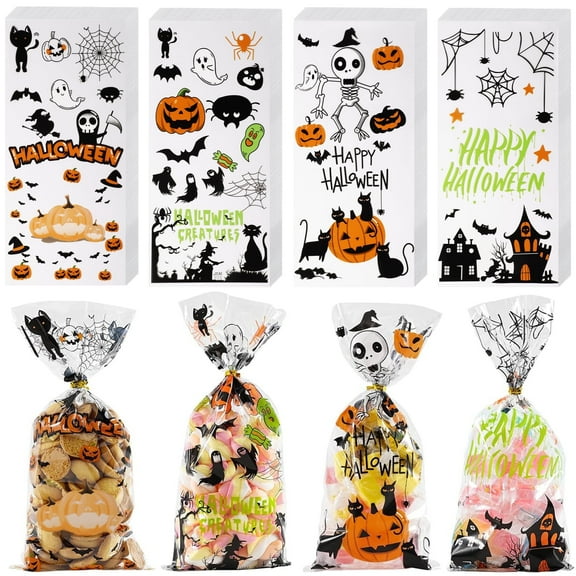 Zsiparty 200 Pcs Halloween Treat Bags, Clear Halloween Cellophane Gift Candy Bags with 220 Pcs Twist Ties for Halloween Party Favors Supplies