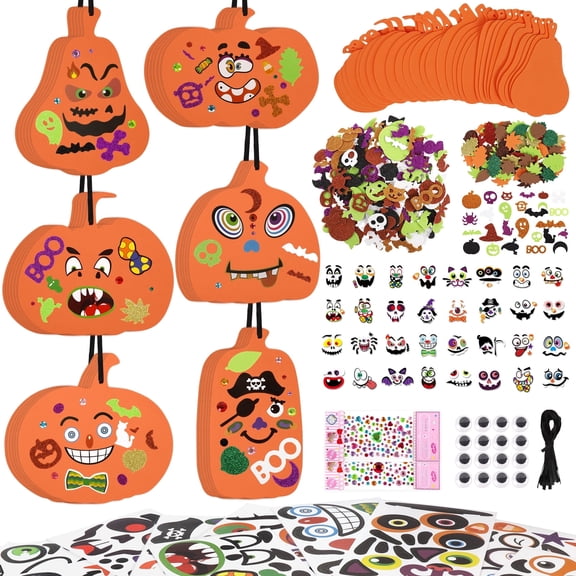 HiberyHom Halloween Craft Kit, 36 Set DIY Fall Foam Pumpkin Decorations Ornaments, Stickers for Classroom Party Favor Supplies Activities
