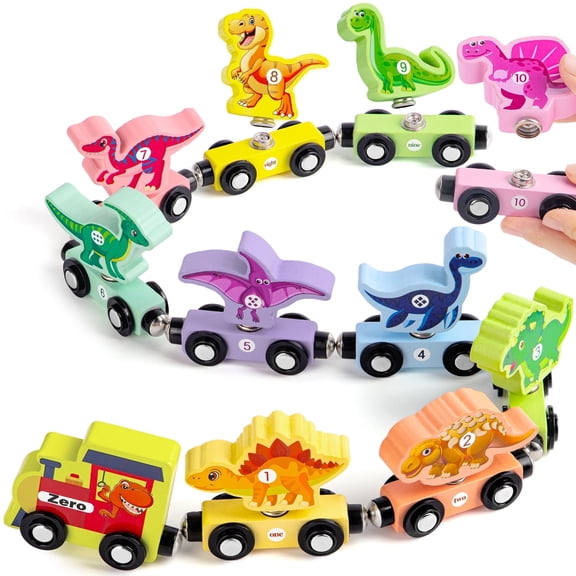 Zsiparty Wooden Dinosaurs Train Toys, Magnetic Number Wooden Train Set for Kids, Educational Montessori Toy for Counting and Matching Skills, 11Pcs Preschool Learning Toys
