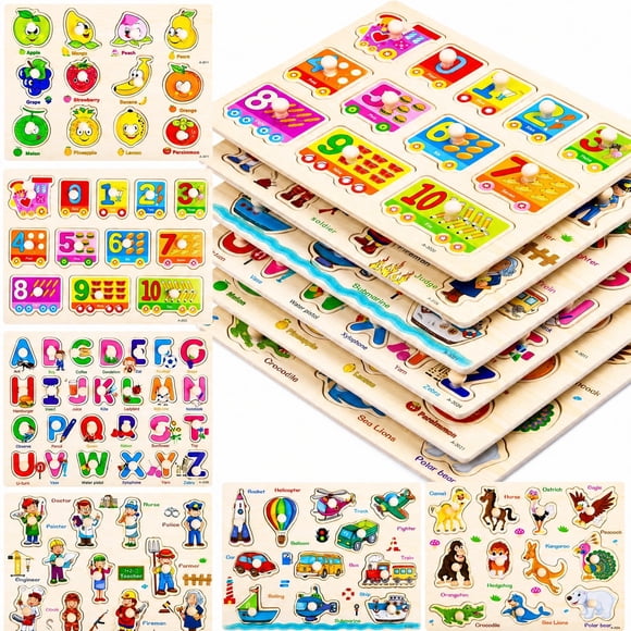 Zsiparty Wooden Peg Puzzles, 6 Pack 11.8 X 8.9 inch Preschool Puzzles Set, Montessori Learning Toys