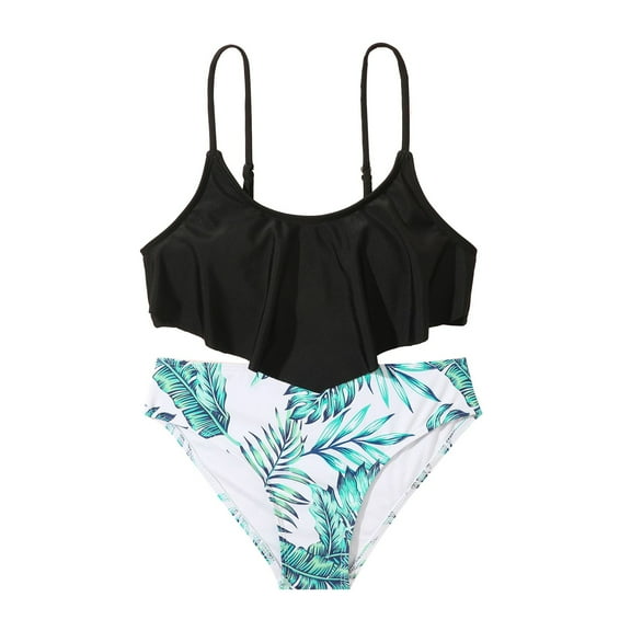 Zszcpp 2Pc Bikinis For Teens Girl Solid Top Sleeveless Ruffles Bathing Suit Swimming Pool Leaf Print Shorts Hot Spring Holiday Swimsuit Sets