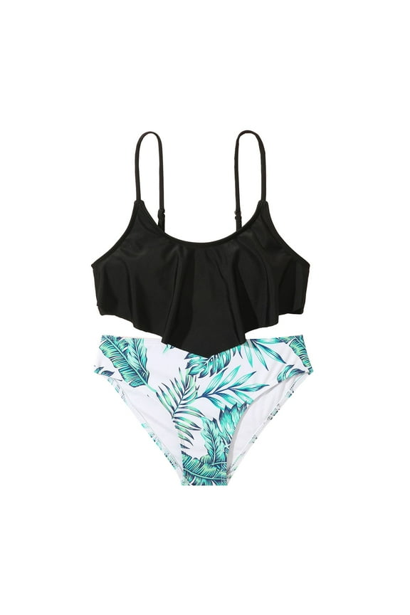 2Pc Bikinis For Teens Girl Solid Top Sleeveless Ruffles Bathing Suit Swimming Pool Leaf Print Shorts Hot Spring Holiday Swimsuit Sets