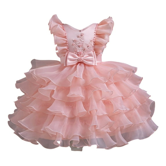 Zszcpp Baby Girl Newborn Dresses Adorable Comfortable Pure Color Bow Fly Sleeve Mesh Tutu Layered Casual Dresses