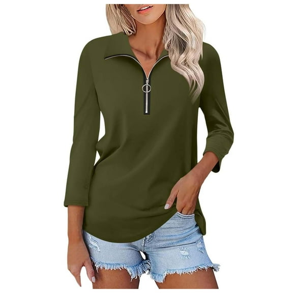 Zszcpp Button Down Shirts For Women Zippered Shirt Sweatshirt Solid 3/4 Sleeve V Neck Lapel Versatile Casual Tops Blouses