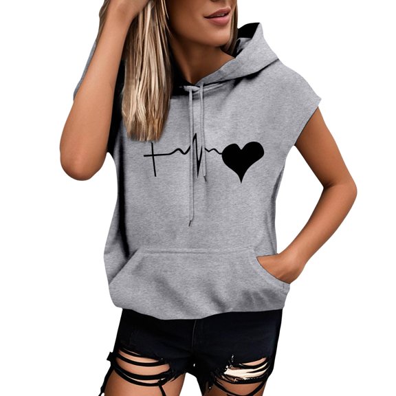 Zszcpp Casual Tank Tops For Women Hooded Outerwear Sleeveless Baggy Cozy Heart Print Sweatshirt Casual Blouses