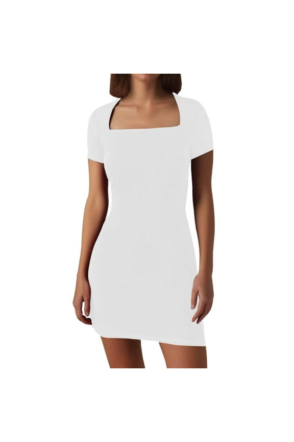 Dresses For Women 2025 Elegant Pure Color Tight Square Collar Short Sleeve A-Line Minimalist Versatile Casual Dresses