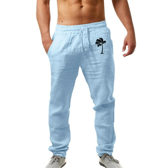 Zszcpp High Waisted Pants Men Lace Up Long Versatile Printed Faddish Fitted Relaxation Cotton Pocket Linen Trousers Casual Trouser